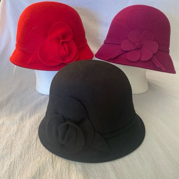 Red Bowler Wool Hat Black Bowler Wool Hat Pink Wool Bowler Hat - Picture 5 of 12